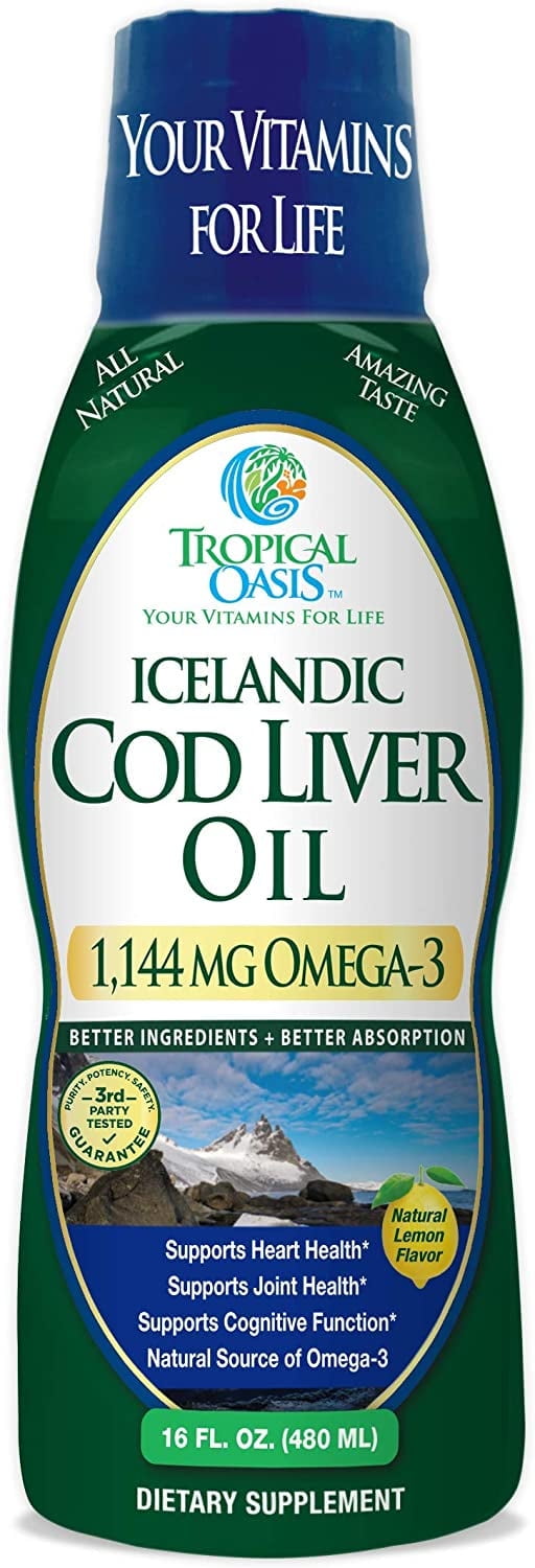Tropical Oasis Icelandic Cod Liver Oil, Liquid Vitamin Supplement with 1144mg of Liquid Omega-3 with EPA & DHA Fish Oil, Lemon Flavor, 90 Servings