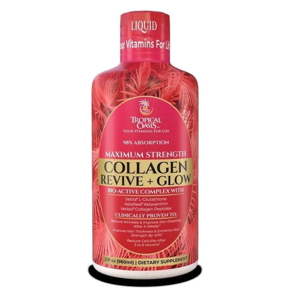 Tropical Oasis Liquid Collagen Revive + Glow, Hydrolyzed Collagen Peptides and Biotin Liquid Vitamin for Skin Elasticity, Hair Growth and Strong Nails, 32 Oz, 32 Servings