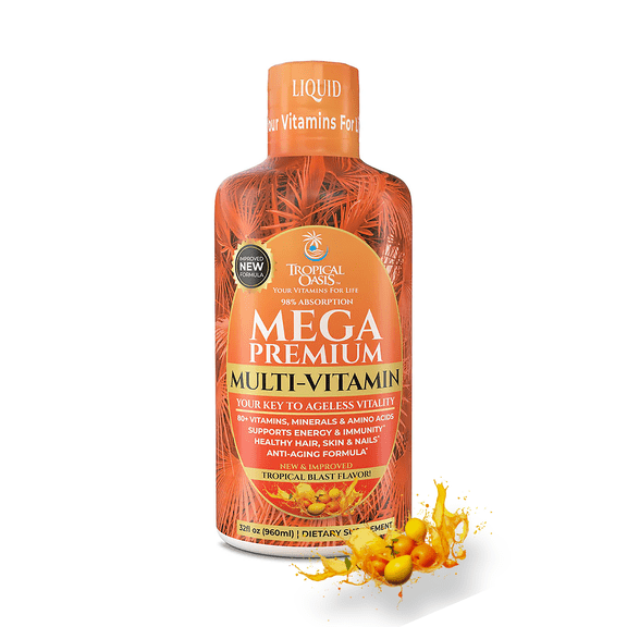 Tropical Oasis Mega Multivitamin, Advanced Liquid Vitamin Supplement with over 80 Vitamins, Minerals and Amino Acids, Tropical Blast Flavor, 32 fl Oz, 32 Servings