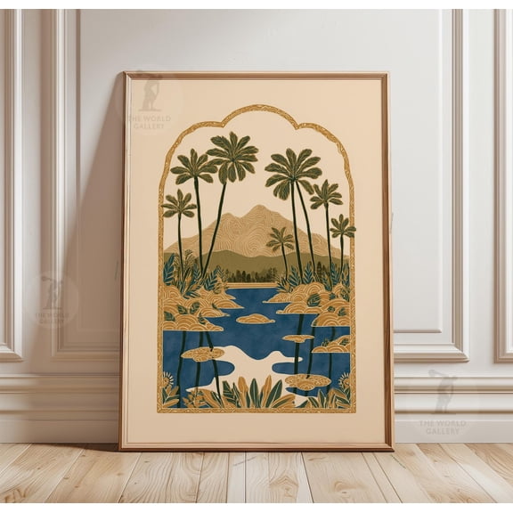 Tropical Oasis Palm Trees Lagoon Mountain Illustration Teal Gold, Unframed Poster