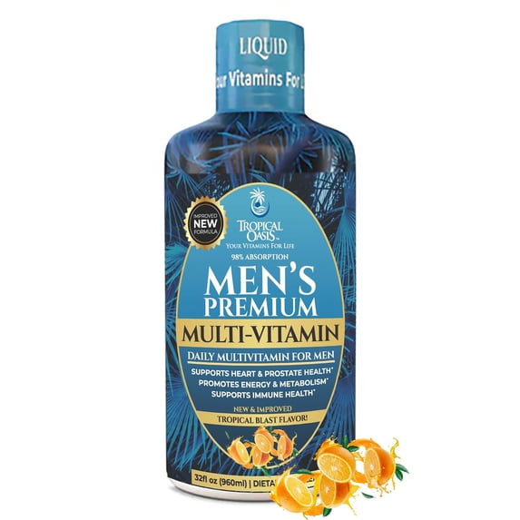 Tropical Oasis Daily Mega Multivitamin for Men, Liquid Vitamin Supplement to Support Heart and Prostate Health for Energy & Metabolism and Immunity, 32 fl oz, 32 Servings