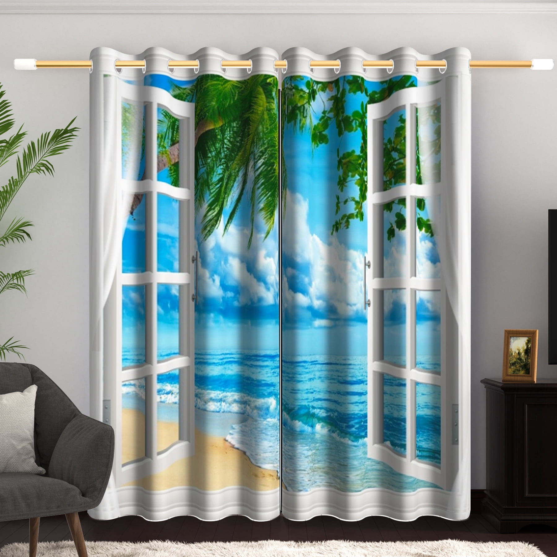 Tropical Ocean Beach Blackout Curtains, Room Darkening Grommet Curtains, White Window View, 52"x63", 2 Panel