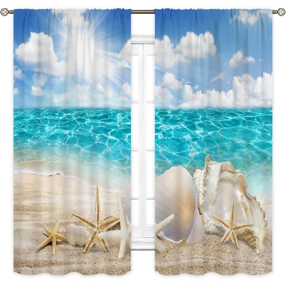Tropical Ocean Beach Curtains for Bedroom Rod Pocket 42Wx63L Inch Nautical Coastal Sea Starfish Seashell Landscape Summer Scenery Seascape Hawaiian Living Room Window Drapes Fabric 2 Panel