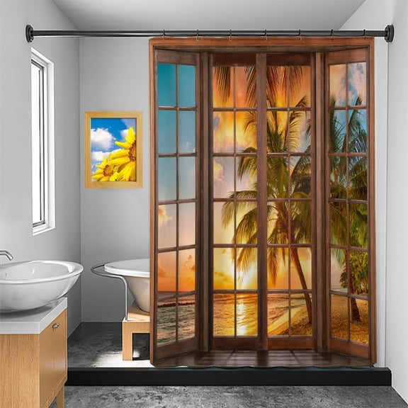 Tropical Ocean Beach Shower Curtain Rustic Wood Window View Palm Trees Sea Dusk Sunset Scenery Shower Curtain for Bathroom Decor Waterproof Fabric Set with Hooks, 36x72 Inch
