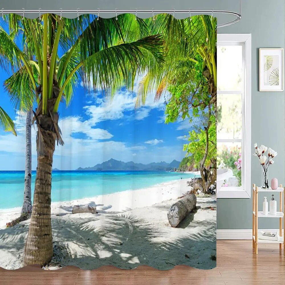 Tropical Ocean Beach Shower Curtain Sunset Seaside Palm Tree Hawaii ...