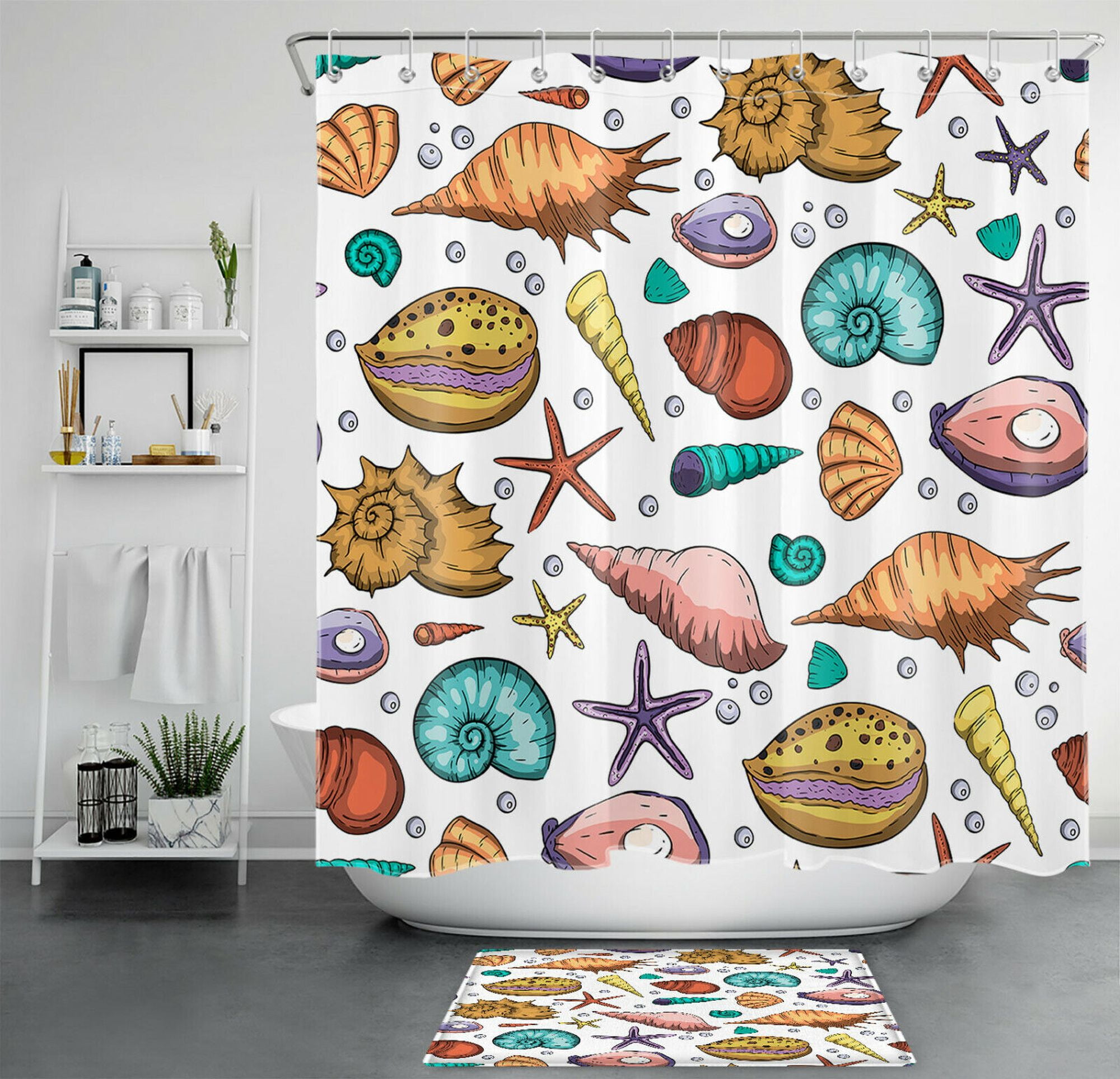 Tropical Ocean Beach Shower Curtain with Conch and Starfish Shell