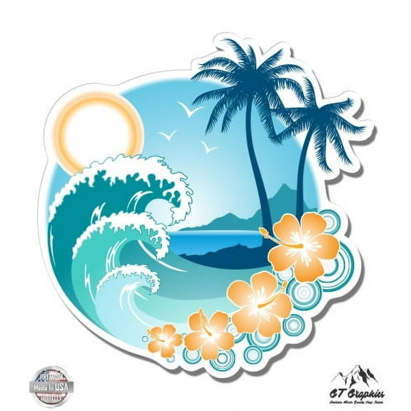 Tropical Ocean Beach Waves Palm Tree Vacation - 3" Vinyl Sticker - For Car Laptop I-Pad Phone Helmet Hard Hat - Waterproof Decal