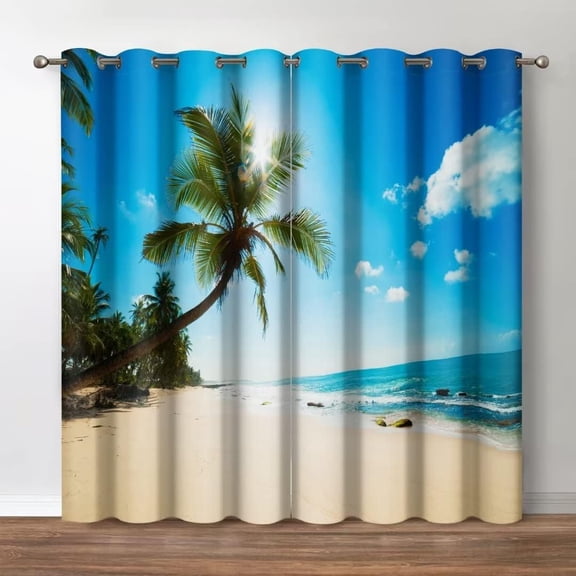 Tropical Ocean Blackout Curtains, Beach Hawaii Palm Tree Blue Sky Sea Theme Grommet Window Drapes for Bedroom Living Room, 52 Wide 63 Long inches, 2 Panel Set