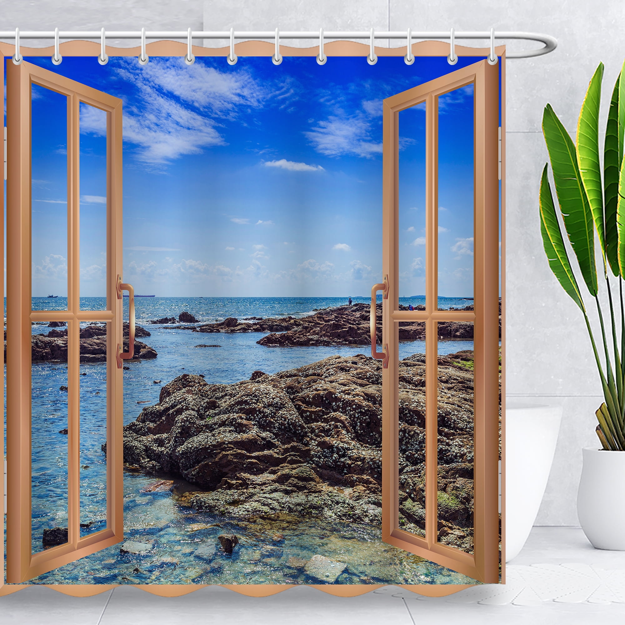 Tropical Ocean Blue Shower Curtain Natural Scenery Beach Island Stone ...