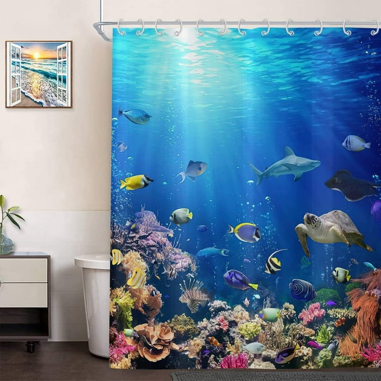 Tropical Ocean Fish Shower Curtain, Summer Under The Sea Tropical Fish  Shark Turtle Reef Kid Bathroom Curtain for Bathtub Decor Waterproof Fabric  Machine Washable with 12 Hooks, 72 x 84 