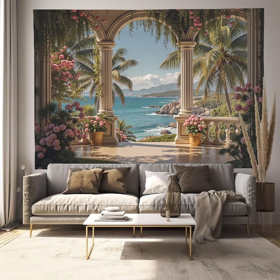 Tropical Ocean Landscape Tapestry Retro Architecture Tapestries Wall Hanging Vintage Beige Large Tapestry Decor For Bedroom Living Room Dorm Classroom 80 X 60 Inch