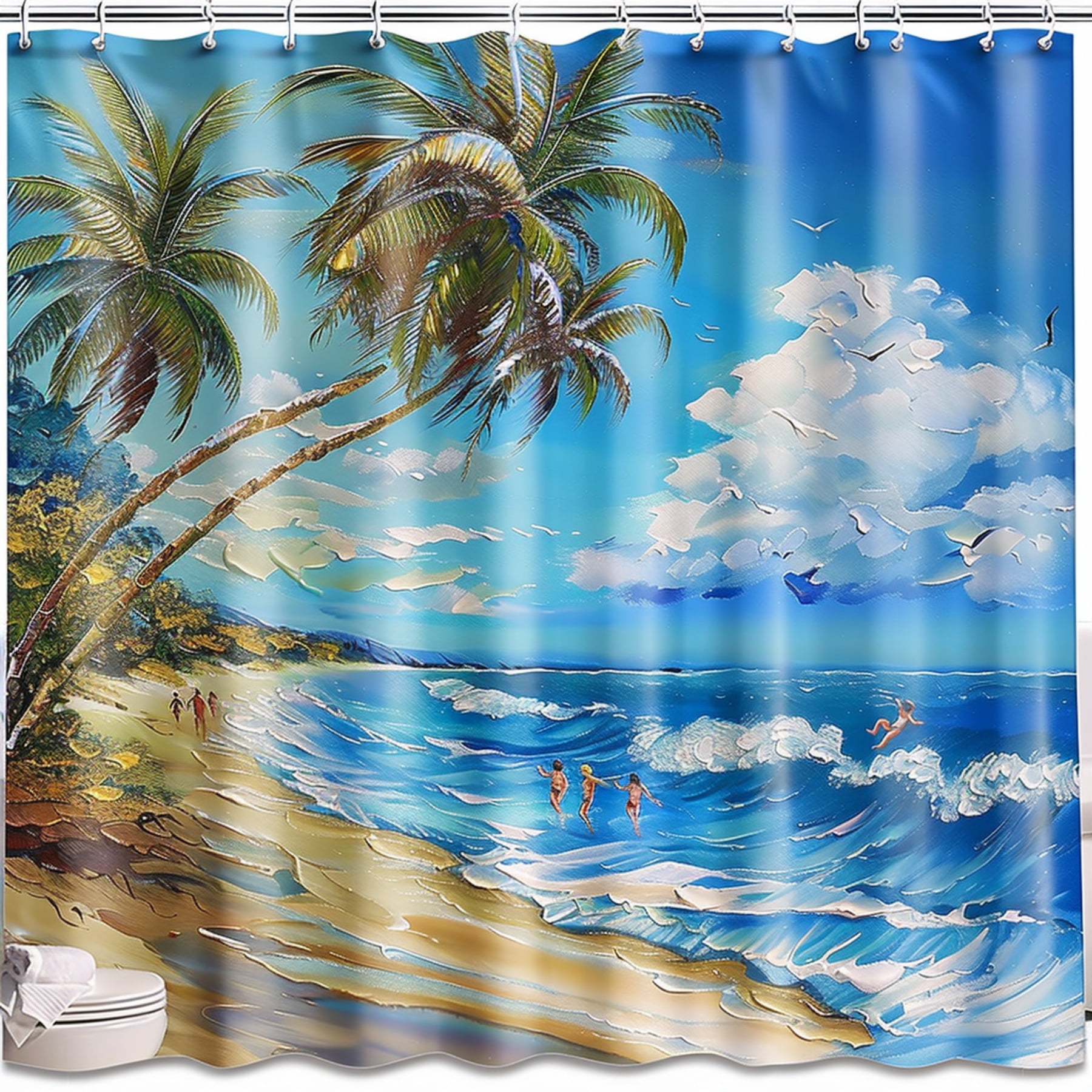 Tropical Ocean Palm Tree Shower Curtain Beach Bathroom Decor Blue Sky