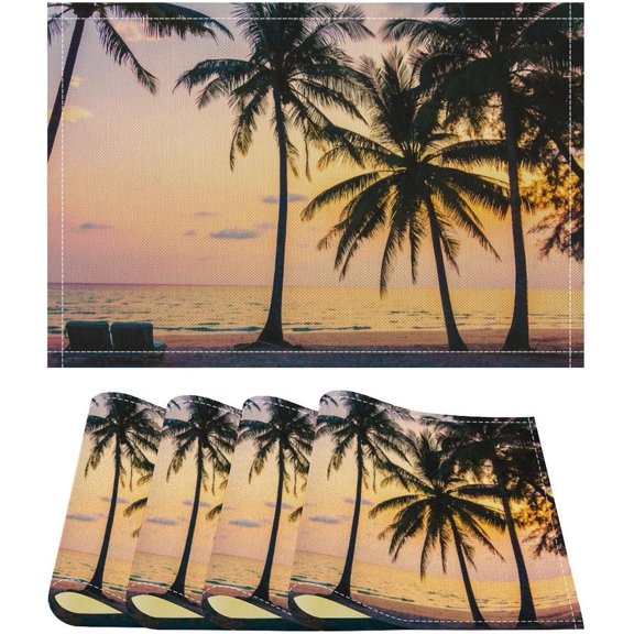 Tropical Ocean Placemats, Seaside Scenery Sunset Beachy Sea Palm Tree Placemats for Kitchen Living Room for Party Living Room Kitchen Set of 4 12x18 Inch