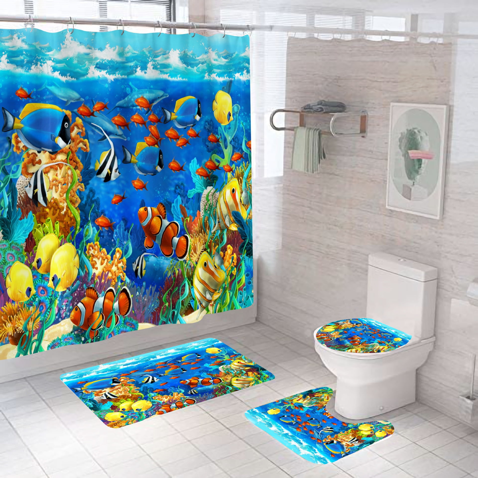 Tropical Ocean Shower Curtain for Kids, Dolphin Sea Turtle Blue Ocean