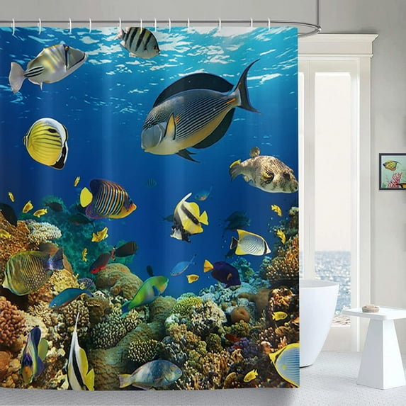 Tropical Ocean Shower Curtain, Summer Blue Ocean Colorful Tropical Fish Coral Undersea Bathroom Curtain for Bathtub Decor Waterproof Fabric Machine Washable with 12 Hooks, 72" x 84"