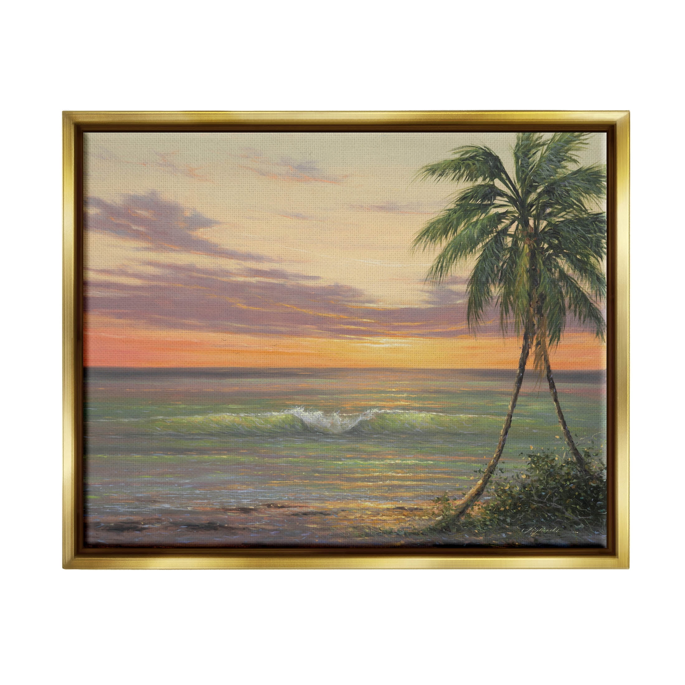 Tropical Ocean Waves Beach Coastal Painting Metallic Gold Framed Art Print Wall Art