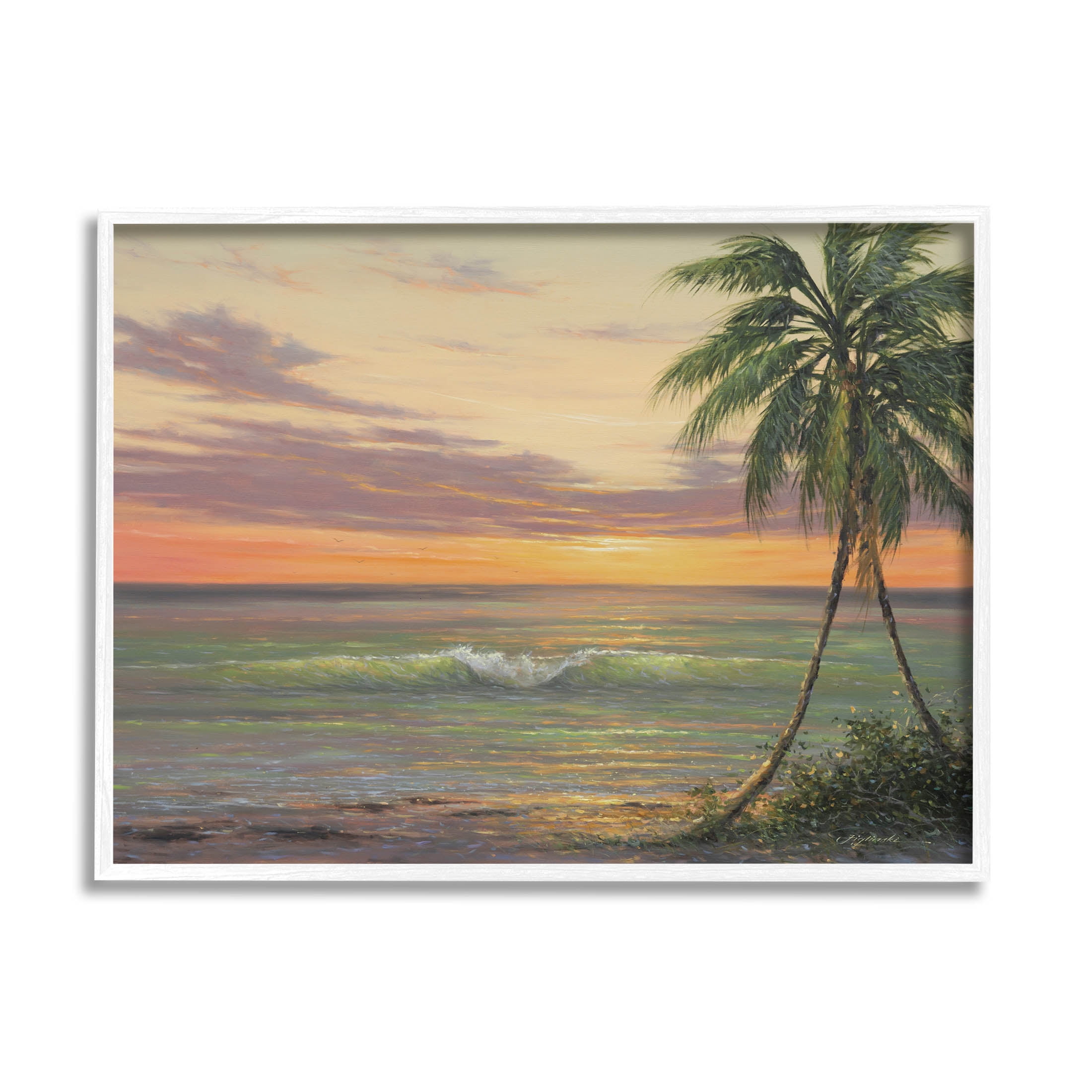White Framed Tropical Ocean Waves Beach Painting Print