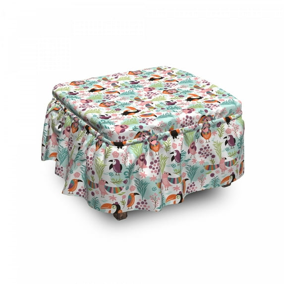 Tropical Ottoman Cover, Hawaiian Toucan Bird, 2 Piece Slipcover Set with Ruffle Skirt for Square Round Cube Footstool Decorative Home Accent, Standard Size, Multicolor, by Ambesonne