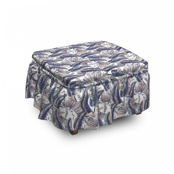 Tropical Ottoman Cover, Pinnate Banana Leaves Art, 2 Piece Slipcover Set with Ruffle Skirt for Square Round Cube Footstool Decorative Home Accent, Standard Size, Pale Teal Blush, by Ambesonne