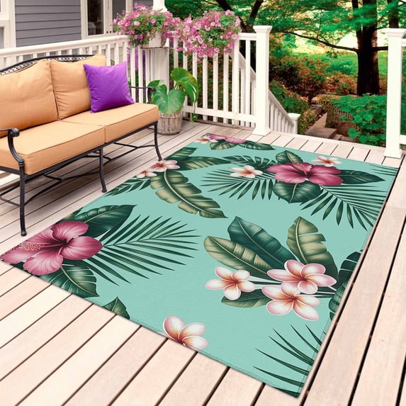 Tropical Outdoor Rug for Patio/Deck/Porch, Non-Slip Large Area Rug 5 x 8 Ft, Pink Floral Green Palm Leaf Aqua Watercolor Indoor Outdoor Rugs Washable Area Rugs, Reversible Camping Rug Carpet Runner