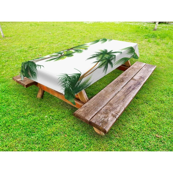 Tropical Outdoor Tablecloth, Coconut Palm Tree Nature Paradise Plants Foliage Leaves Digital Illustration, Decorative Washable Fabric Picnic Tablecloth, 58 X 104 Inches, Hunter Green, by Ambesonne