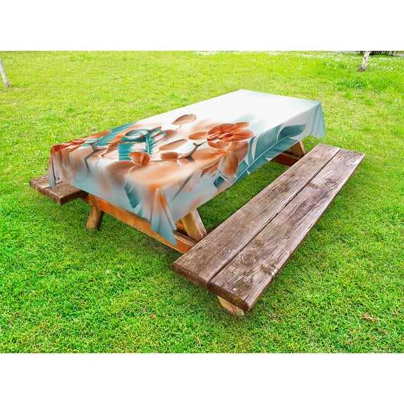 Tropical Outdoor Tablecloth, Tropical Orchids Blossom Leaves on Blurred Background Floral Themed Modern Art, Decorative Washable Fabric Picnic Table Cloth, 58 X 84 Inches,Orange Teal, by Ambesonne