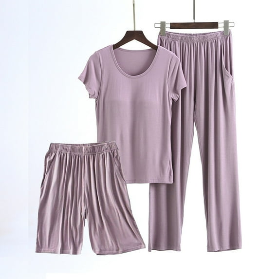 uublik Tropical Outfits Womens Casual Lounge Sets Short Sleeve Shirts Tops and Long Pants Shorts 3 Piece Outfits Purple, M