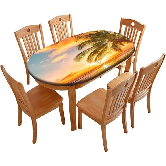 Tropical Oval Tablecloths, Beach Palm Tree Waterproof Wipeable Elastic Fitted Table Cover - Fits Tables up to 48"X68", for Indoor Kitchen Dining Room or Outdoor Picnic Party Dining Tables, Yellow