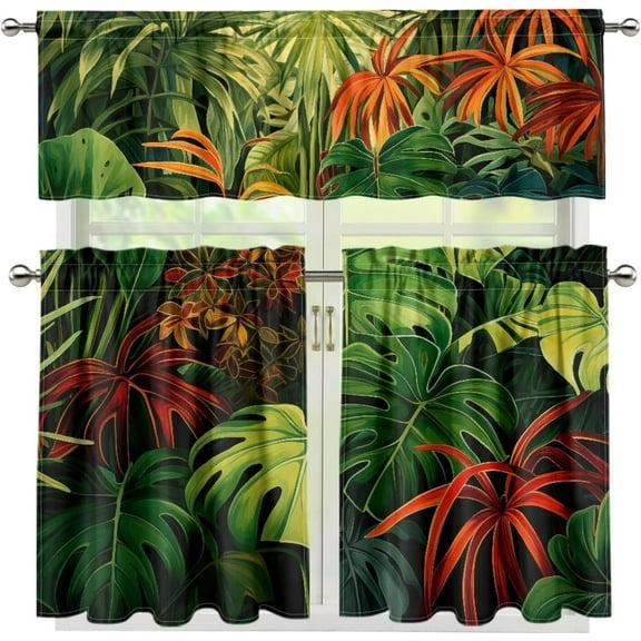 Tropical Palm 3-Piece Kitchen Curtain Set, Rod Pocket Kitchen Curtain Valance and Tiers Set, Washable Drape Window Treatment Set (54"x18"+27.5"x36"x2)