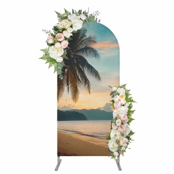 Tropical Palm Arch Backdrop Cover 4FT, Coastal Sunset Tree Branch Ocean Spandex Fitted Stretchy Arch Stand Covers, Round Top Chiara Backdrop Cover for Wedding Party Birthday Baby Shower