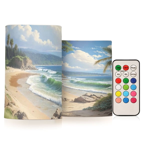 Tropical Palm Beach Flickering Flameless Candles Battery Operated with Remote Timer LED Pillar Candles Set of 2