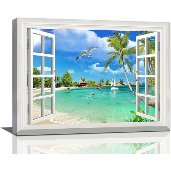 Tropical Palm Beach Wall Art Coastal Ocean Bathroom Pictures Wall Decor Seagull Dolphin Sailboat 3d Window Canvas Prints Framed Modern Seascape Painting Artwork for Living Room Hotel Office 16"x12"