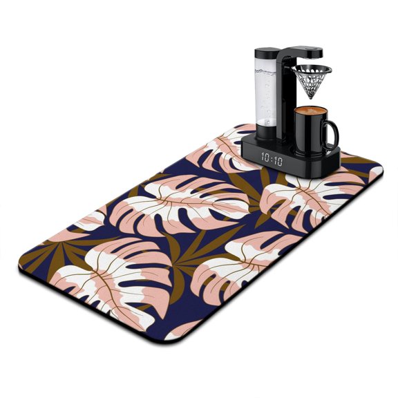 Tropical Palm Design Coffee Bar Mat, Absorbent Diatom Mud Kitchen Counter Pad, Leak-Proof and Anti-Slip Dish Drying Mat