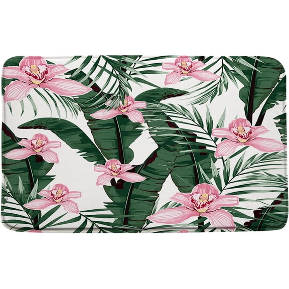 Tropical Palm Floral Bath Mat Green Leaves Plant Pink Hibiscus Flower Botanical Boho Leaf Minimalist Jungle Nature Bathroom Kitchen Rugs,17.8x29.5+16x48 Inch
