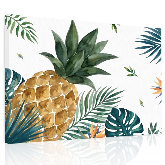 Tropical Palm Fronds Canvas Print Wall Art, Botanical Pineapple White Wall Decor Modern Artwork Paintings Pictures for Living Room Framed and Stretched Ready to Hang 24" x 32"