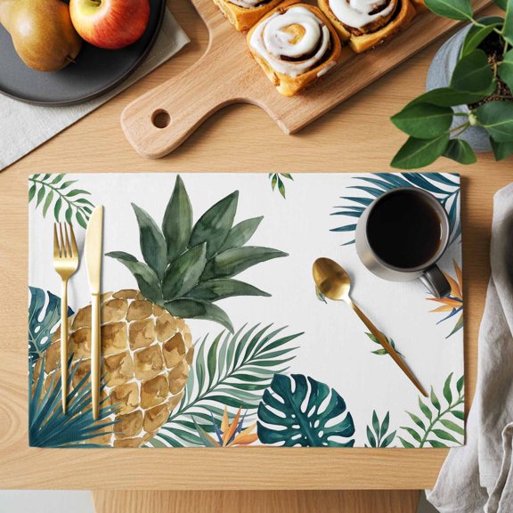 Tropical Palm Fronds Placemats Set of 1, Botanical Pineapple White Non-Slip Place Mats Washable Table Mats for Kitchen Dining Table Decorations Indoor/Outdoor