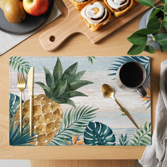 Tropical Palm Fronds Placemats Set of 12, Coastal Pineapple Slat Grain Green Non-Slip Place Mats Washable Table Mats for Kitchen Dining Table Decorations Indoor/Outdoor