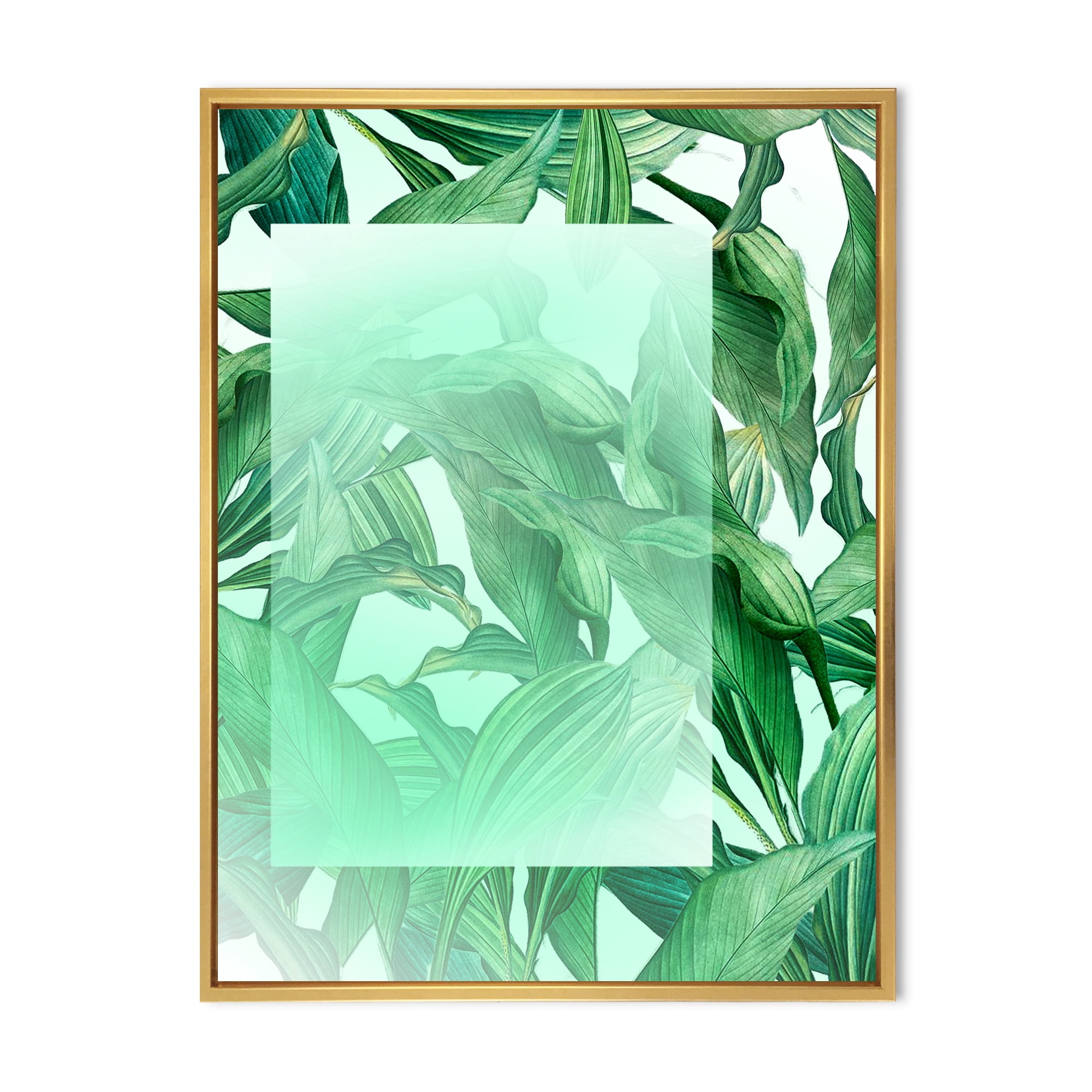 Tropical Palm Green Leaves Under White Rectangle 30 in x 40 in Framed Painting Canvas Art Print, by Designart