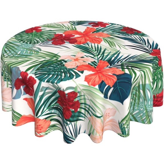 Tropical Palm Hibiscus Tablecloth Round 60 Inch Watercolor Summer Palm Frond Tablecloth Waterproof Green Palm Leaf Table Cloth Kitchen Table Cloth Cover for Party Holiday Dinning Tabletop Home Decor