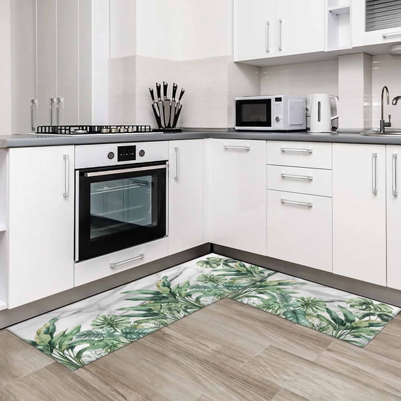 Tropical Palm Leaf 2 Pieces Non-Slip Kitchen Mat Set Summer Grey Marble Botanical Soft Door Mat with Rubber Backing,Dirtproof Rugs for Entrance Doorway 23.6x35.4in+23.6x70.9in
