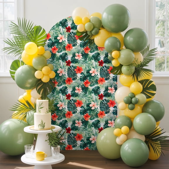 Tropical Palm Leaf Arch Backdrop Cover, 4FT, Summer Hawaii Red Hibiscus Flower Botanical Spandex Arch Covers Double-Sided Backdrop for Wedding Birthday Party Photo Background Decoration