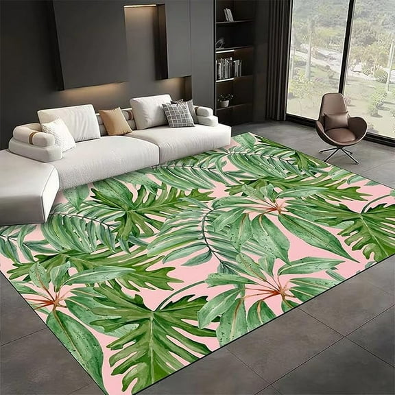 Tropical Palm Leaf Area Carpet, Monstera Reed Rug For Bedroom, Shed Resistant Low Pile Foldable Kids Rug, Rubber Backed Washable Anti-Slip Carpets For Dining Room Living Room 2' x 3'