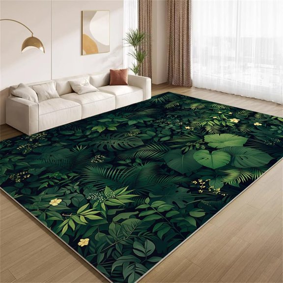 Tropical Palm Leaf Area Rugs, Deep Green Botanical Carpet, Washable Non Slip Low Pile Soft Rug for Living Room Bedroom Study Office Home Decor Mat 3ftx5ft