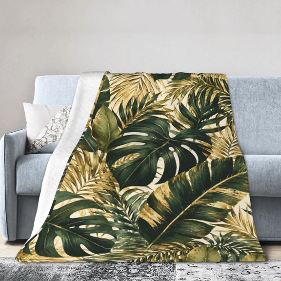Tropical Palm Leaf Blanket Gift Throw Blanket Gift for Women Luxury Green Gold Botanical Home Decor 50x40