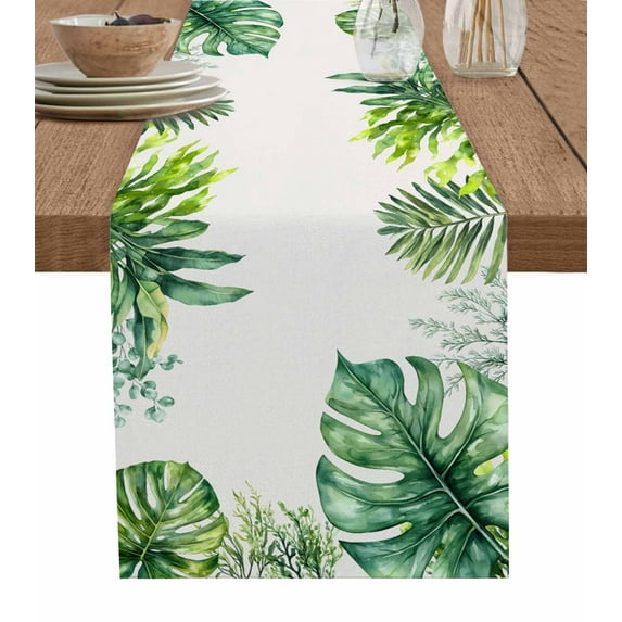 Tropical Palm Leaf Burlap Cotton Table Runner 13x90 Inches Long, Summer Rustic Botanical Leaves Farmhouse Table Runners, Outdoor Dining Tablecloths Decor for Baby Shower/Party/Wedding