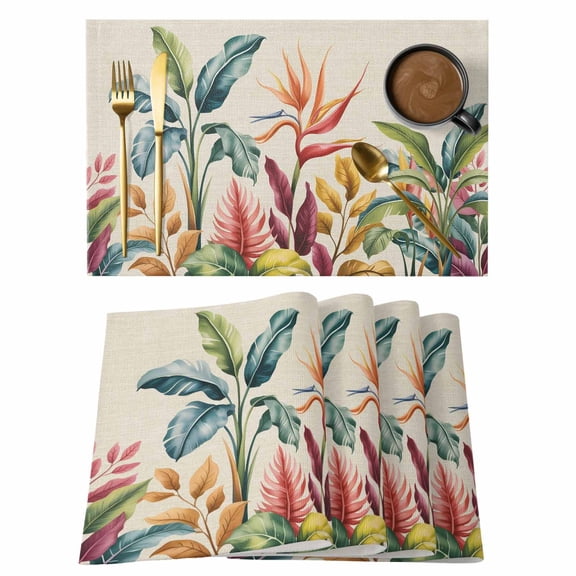 Tropical Palm Leaf Cotton Linen Placemats Set of 12, Boho Bird Paradise Flower Linen Texture Washable Table Place Mats Heat Insulating Placemat for Dining Room Kitchen Daily Use 13 x 19 Inch