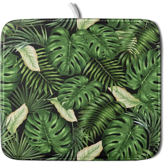 Tropical Palm Leaf Dish Drying Mat for Kitchen Countertop, 16"x18" Summer Green Monstera Dish Drainer Mats, Hawaiian Banana Leaves Fast Dry Microfiber Large Dish Drying Pad Decoration