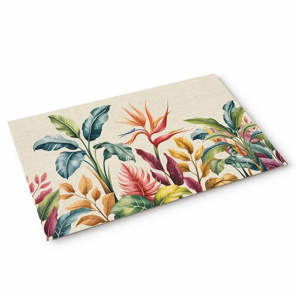Tropical Palm Leaf Door Mat Boho Bird Paradise Flower Linen Texture Non Slip Absorbent Entrance Mat Washable Low Profile Indoor Doormat for Front Door Entryway Entry 16"x24"
