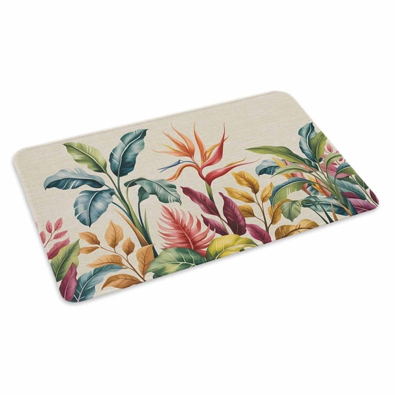 Tropical Palm Leaf Doormat Boho Bird Paradise Flower Linen Texture Non Slip Low Profile Rubber Door Mat Washable Absorbent Indoor Front Door Mat Entryway Rug Entrance Carpet 16x24 Inch