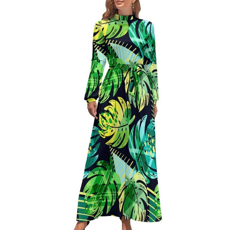Tropical Palm Leaf Dress High Neck Jungle Design Bohemia Dresses 